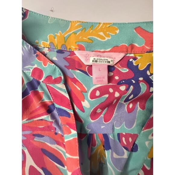 Lilly Pulitzer Delray Trippin & Sippin Silk Blouse Roll Tab Sleeve Resort wear L - Picture 9 of 16